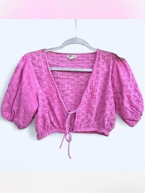 Topten Pink Eyelet Front Tie Crop Top, Boho Summer Party Beach Semi Sheer